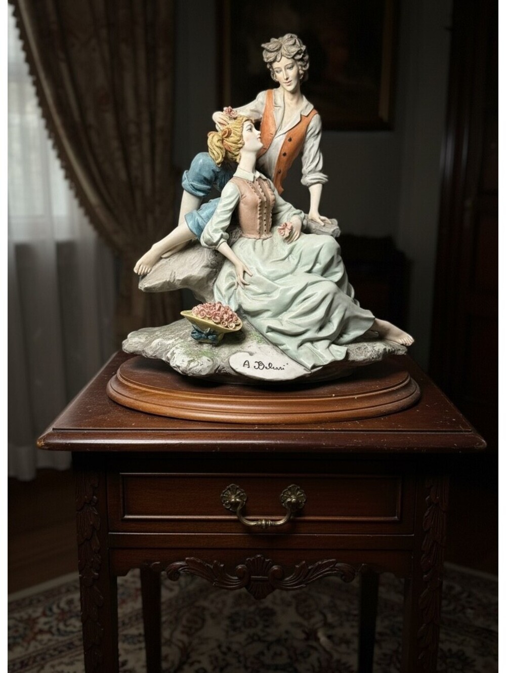A Belcari Young Love Couple Figurine Capodimonte Style Wood Base 13” Vintage